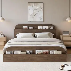 Garvee Queen Size Wooden Bed Frame with Storage Headboard, Elevated Feeding Tray, Low Platform Design, and Slat Support for Bedroom
