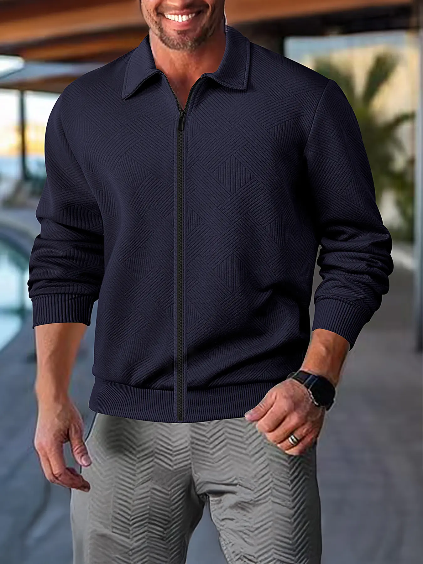Men's Zipper Cardigan Sweater, Casual Fashion Style, Textured Fabric, Easy Wear & Remove, Ribbed Hem Design, Ideal for Daily Use