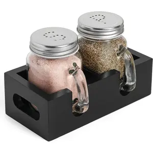 Mason Jar Salt and Pepper Shakers - Glass Shaker Set with  Holder , Easy to Clean & Refill for Farmhouse Kitchen Table, Home and Gifts (Black)
