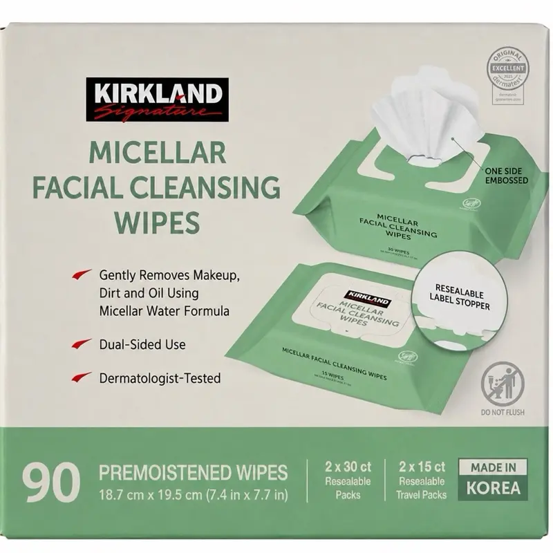 Kirkland Micellar Facial Cleansing & Makeup Remover Wipes Bundle - 90 Total Wipes (2×30 Ct Packs + 2×15 Ct Travel Packs)