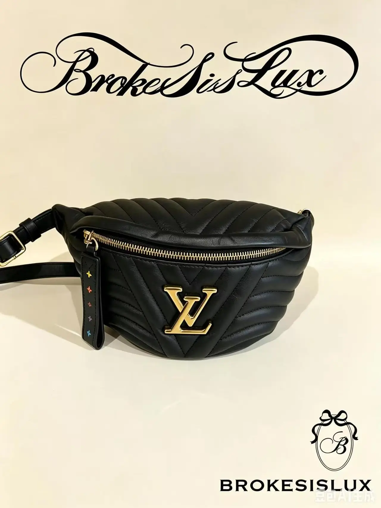 Pre-owned Louis Vuitton New Wave V Quilt Black Smooth Calfskin Leather Belt Bag Fanny Pack, Gold LV Logo Hardware, Rainbow Stitch Zipper Pull