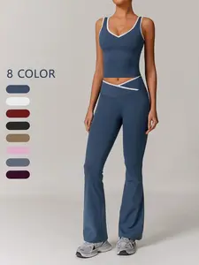 Women's Tank Top & Flare Leg Pants Sportswear Set, Yoga Tracksuit Set, Solid Color Sleeveless Top & Bell Bottom Trousers, Workout Gym Yoga Exercise Clothing Set, Fitness Sport Outfits for Women, Summer Athletic Wear