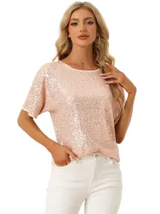 INSPIRE CHIC Sparkly Dolman Sleeve Oversize Bling Glitter Sequin Shirt