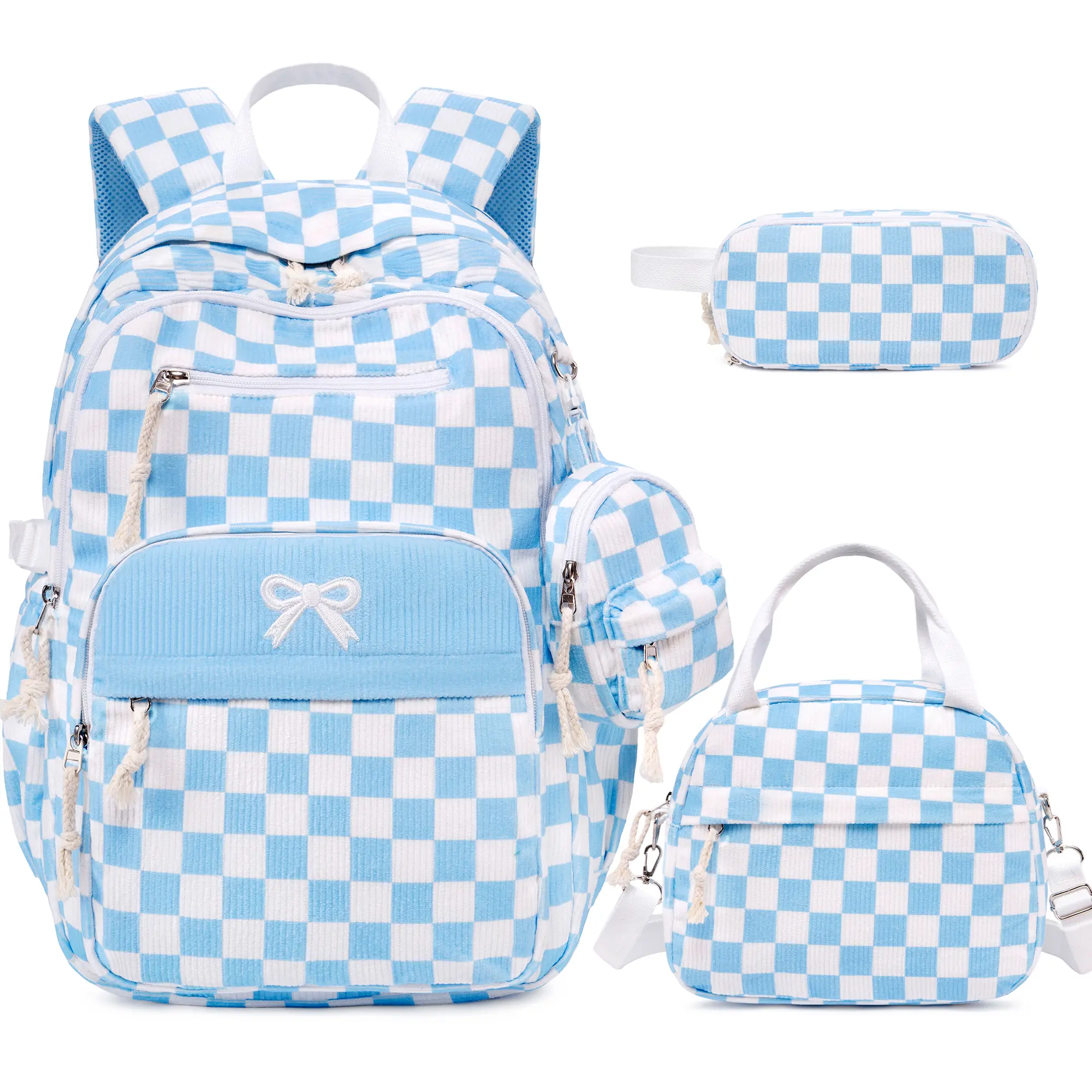 Similove 3PCS Bow Corduroy Backpack Bundle Set with Lunch Box & Pencil Pouch, School bag for Elementary Middle School,Back to School Gift,Birthday's Gift
