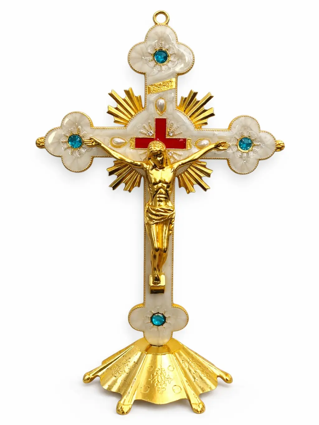 9 in Desk Crucifix - Wall Cross with Stand Base, Gold & White Catholic Cross with Jesus Figure, Blue Stone Accents, Religious Altar Decor, Christian Gift for Home or Prayer Space