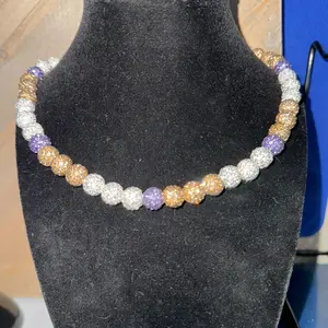 Handcrafted Purple, White, and Gold Rhinestone Beaded Necklace