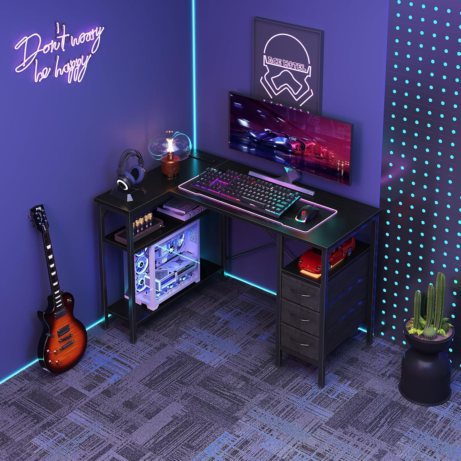 47" L Shaped Desk with Charging Station & Drawers, Corner Computer Desk with Adjustable Shelves for Home Office Gaming 47" L Shaped Desk with Charging Station & Drawers, Corner Computer Desk with Adjustable Shelves for Home Office Gaming