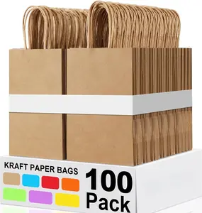 100 count Paper  Bags 5.25x3.25x8.25'', Small Paper Bag with Handles Bulk Shopping,,Retail,Party Bags for Small Business (Brown)
