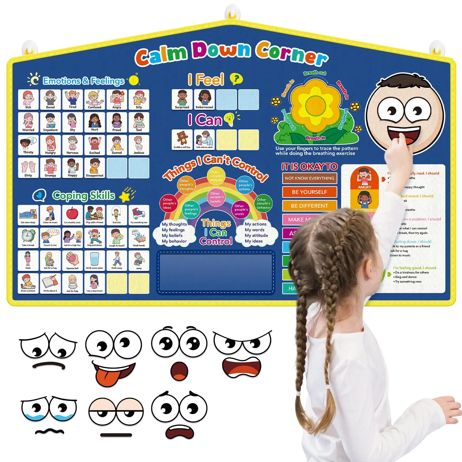 Feelings Chart, Calm Down Corner Decor Supplies, Social Emotional Learning Activities, Emotions Toys Breathing Exercises Emoticons
