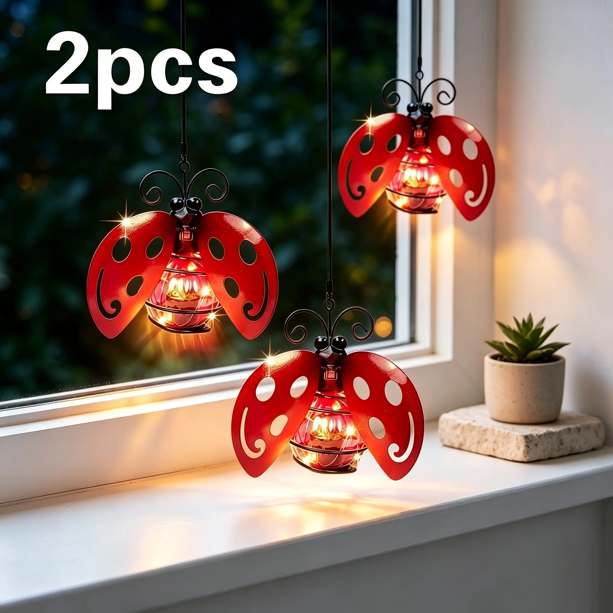 2pcs Solar Courtyard Lights, Solar Lantern Pendant Lights, Beautiful Garden Decorations, Red Ladybug Pendant Lights, Suitable for Courtyards, Lawns, Paths, Terraces, Balconies, Outdoor Garden Solar Lights, Creative Gifts for Family And Friends