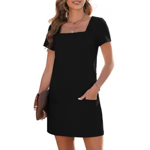 Women’s solid-color casual dress with a square neckline and short sleeves, comfortable basic pocket mini skirt, 2026 women’s simple spring and summer set GARMENTARY