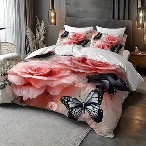 Valentine's Day Theme Duvet Cover Set, Romantic Rose Floral Print, 1 Fitted Sheet + 2 Pillowcases, Digital Print, All Seasons Bedding