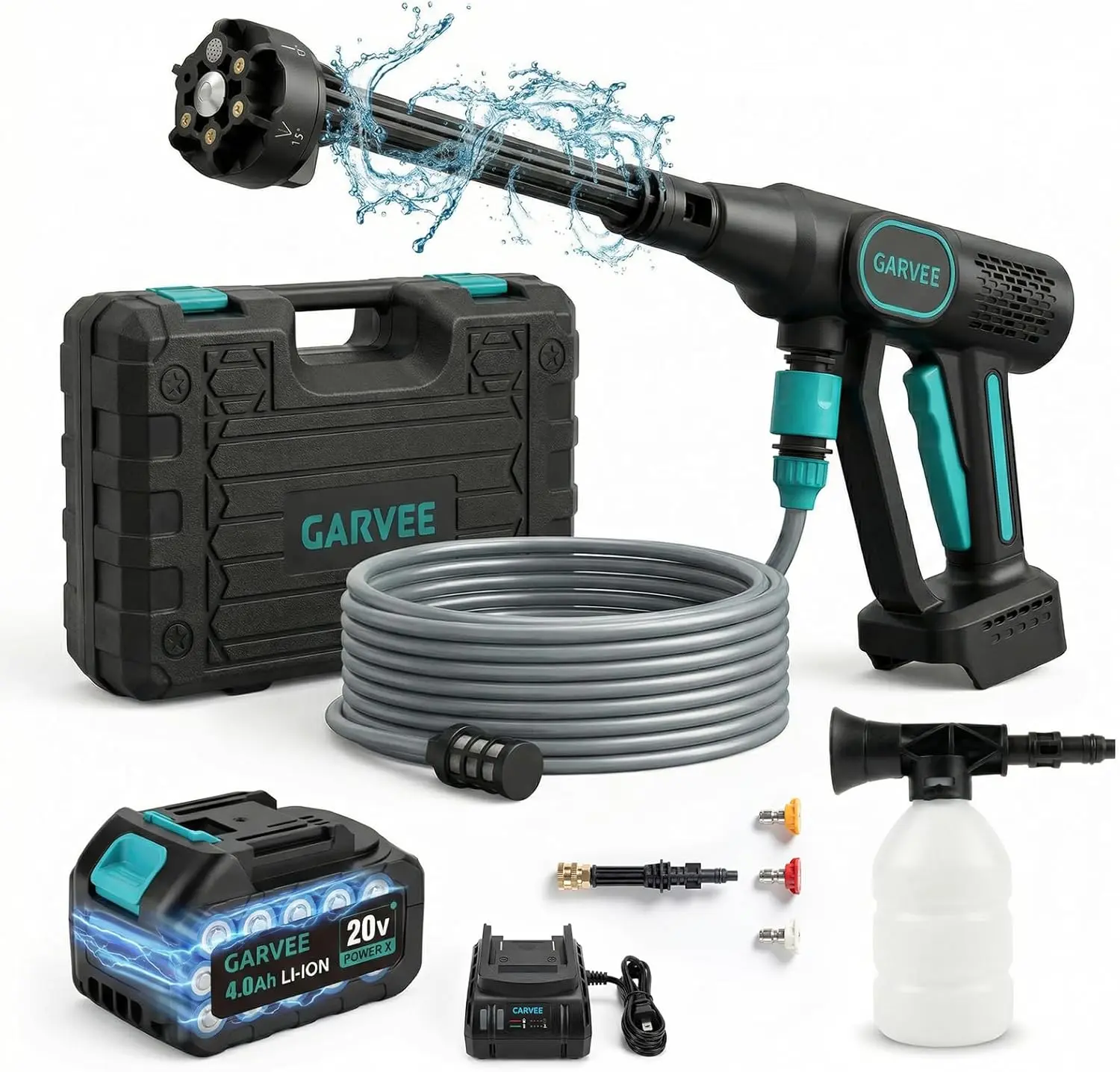 Pressure Washer Battery Powered - Cordless with 6-in-1 Nozzle, 26FT High-Elastic Hose, 4.0Ah Battery & Charger; Portable Handheld Cleaner for Home, Car, Garden