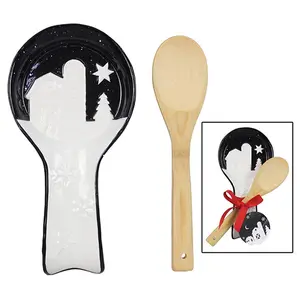 Young's Ceramic Country Christmas Spoon Rest wi th Wooden Spoo