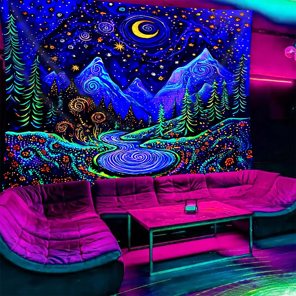 Neon Psychedelic Starry Sky Tapestry UV & Black Light Reactive Glow in the Dark with Mountain Forest River, Tapestry Wall Mural Wall Hanging Art Decor for Bedroom Dorm Gaming Room Party Living Room