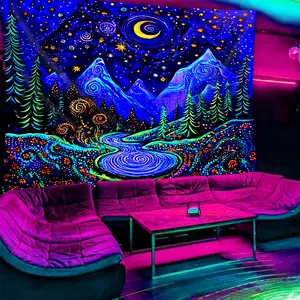 Neon Psychedelic Starry Sky Pattern Tapestry UV & Black Light Reactive Glow in the Dark with Mountain Forest River, Tapestry Wall Mural Wall Hanging Art Decor for Bedroom Dorm Gaming Room Party Living Room Wall Tapestries