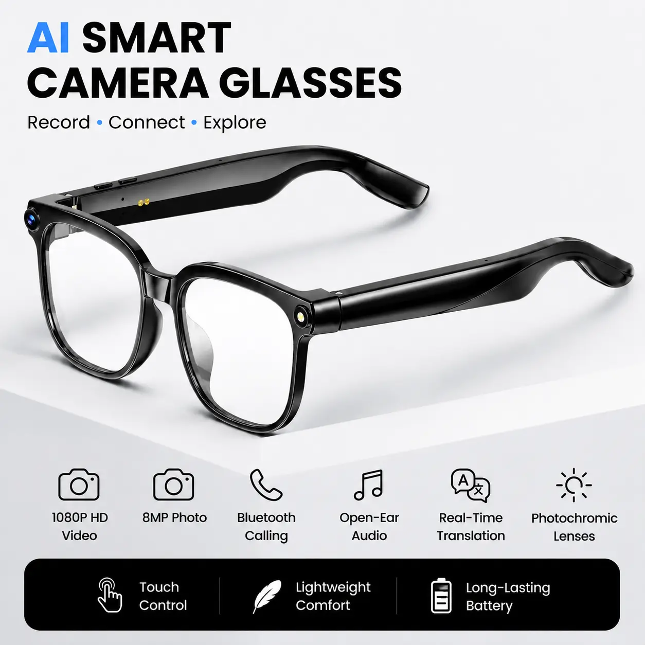 4K Smart Camera Glasses with 8MP Camera, 1080P HD Video Recording, Bluetooth Audio Sunglasses, Real-Time AI Translation, Voice Assistant, Touch Control, Wearable Camera Glasses for Travel & Daily Use