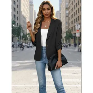 Mina Self 2026 Spring Lady's Chic Fitted 3/4 Ruched Sleeve Suit Blazer - Slim Fit, Full-Lined, Lightweight, Breathable, Elegant Casual Jacket with Pocket