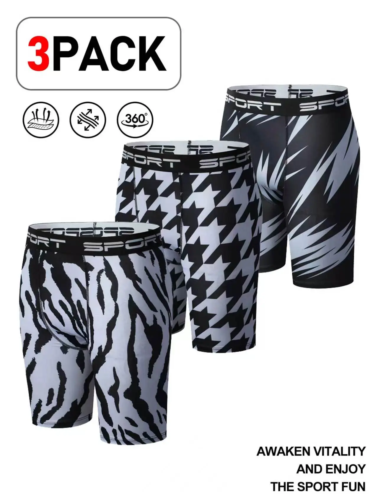 3 Pack Men Printed Compression Shorts, Quick Dry Stretch Athletic Undershorts, Breathable Anti-Chafing Sport Base Layer, Stylish Pattern Workout Shorts for Gym Running Training & Daily Casual Wear