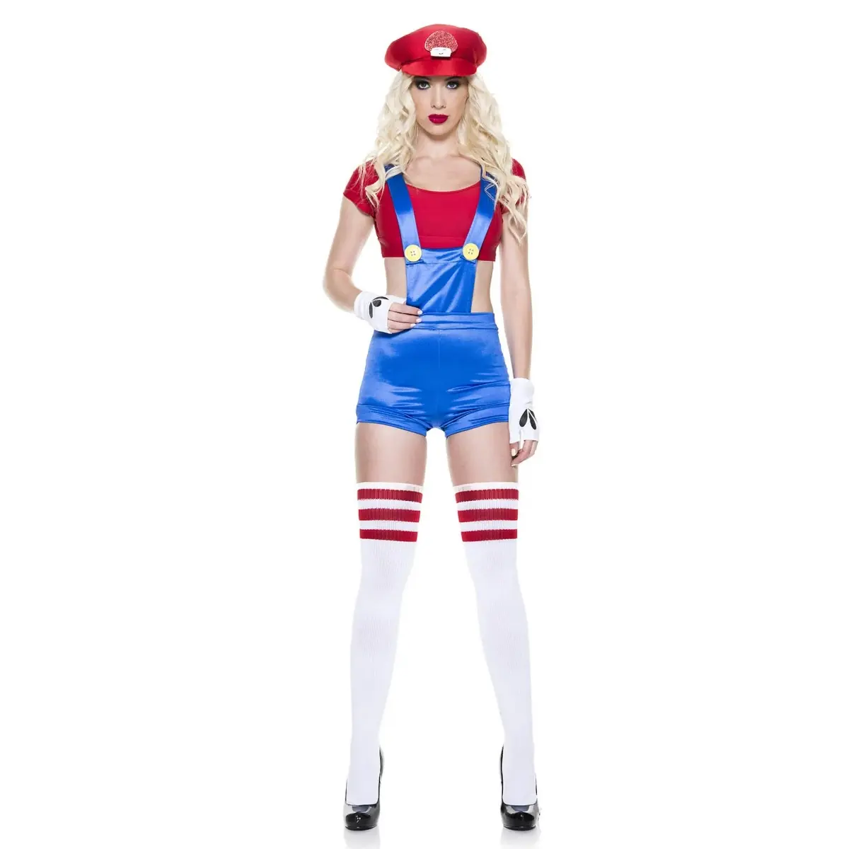 212 MAIN Sassy Red Plumber Pet Costume 4-Piece Set, Medium-Large Clothes for Dogs, Includes Adjustable Foam Hat with Mushroom Emblem, Sleeved Short Pullover, Strapped Overalls, Halloween Wear, Polyester Pet Supplies, Women, Fingerless Gloves, Sexy, Access