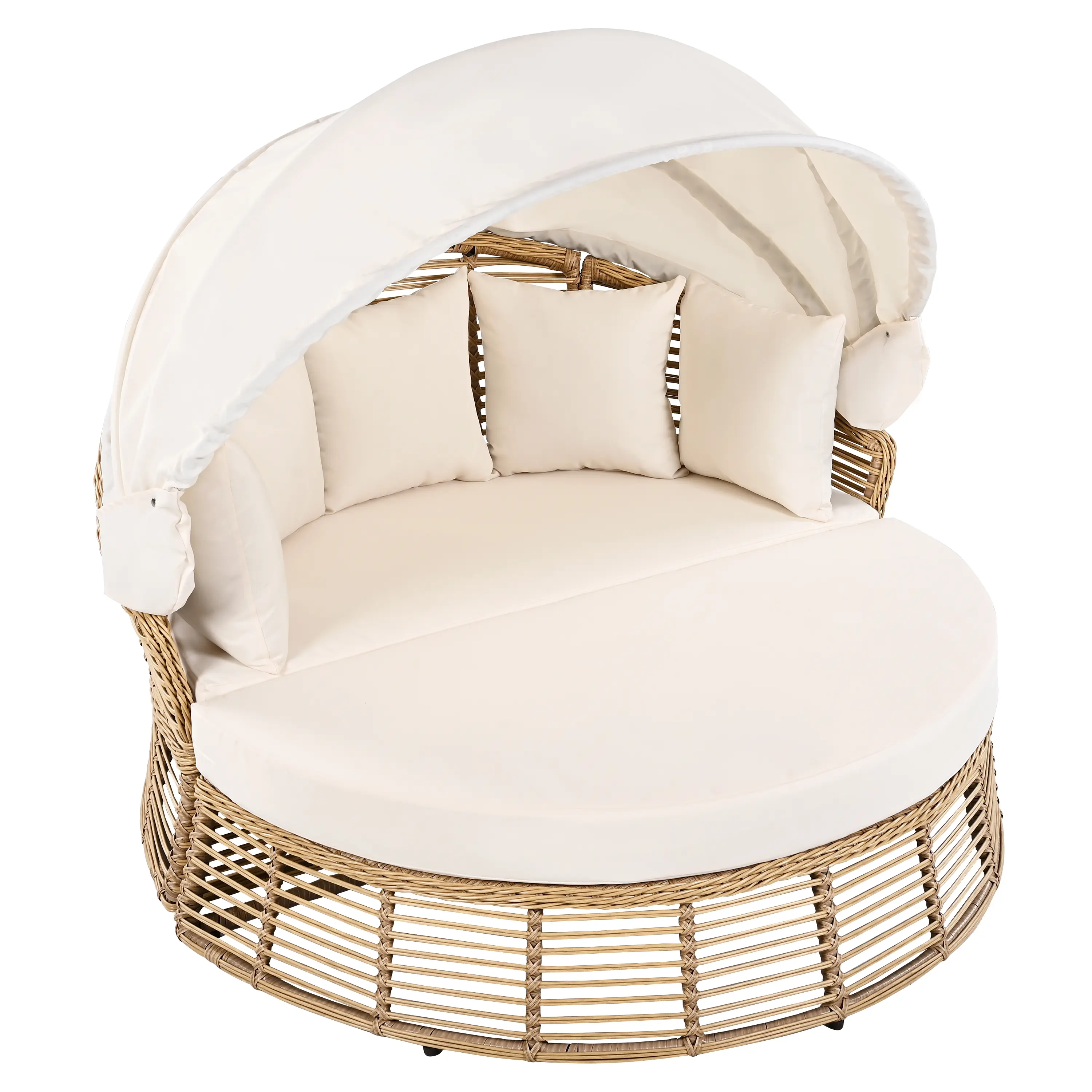 All Weather Resin Wicker Round Outdoor Sunbed - Retractable Shade Canopy, Removable Cushions, Comfortable Patio Daybed for Outdoor Spaces
