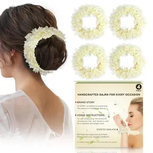 4 Mogra Gajra for Hair Indian Bun Braid, Artificial Scented Hand Gajra Bracelet, Jasmine Flower Scrunchie, Traditional Veni Bridal Hair Accessories for Women, Floral Indian Wedding 4 Pack