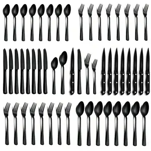 48-Piece Black Silverware Set with Steak Knives, Black Flatware Set for 8, Including Knives & Forks & Spoons, Flatware Tableware Set for Home, Restaurants, Hotels & Weddings, Dinnerware Sets, Dinnerware Service Set