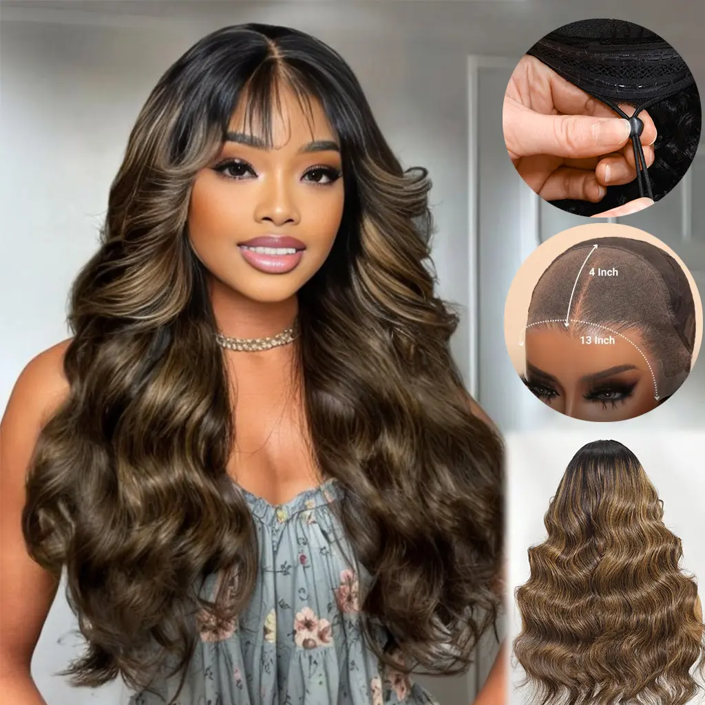【NEW】Nadula Drawstring 13x4 Pre-Everything Lace Frontal Balayage Highlights Fluffy Natural Loose Wave Curtain Bangs Wig 100% Human Hair Summervibes TikTokShopStockUp