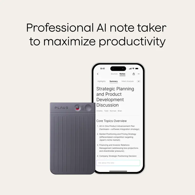 Plaud Note Smart Voice Recorder - 64GB, 0.117in Slim, 1-Press Recording & Playback, Voice Changer & Translator, Black MagSafe Case, Type-C Port, 3.5mm Jack, Wireless Audio Tech Gadgets for Content Creators, Interviews (w/ Charging Cable)