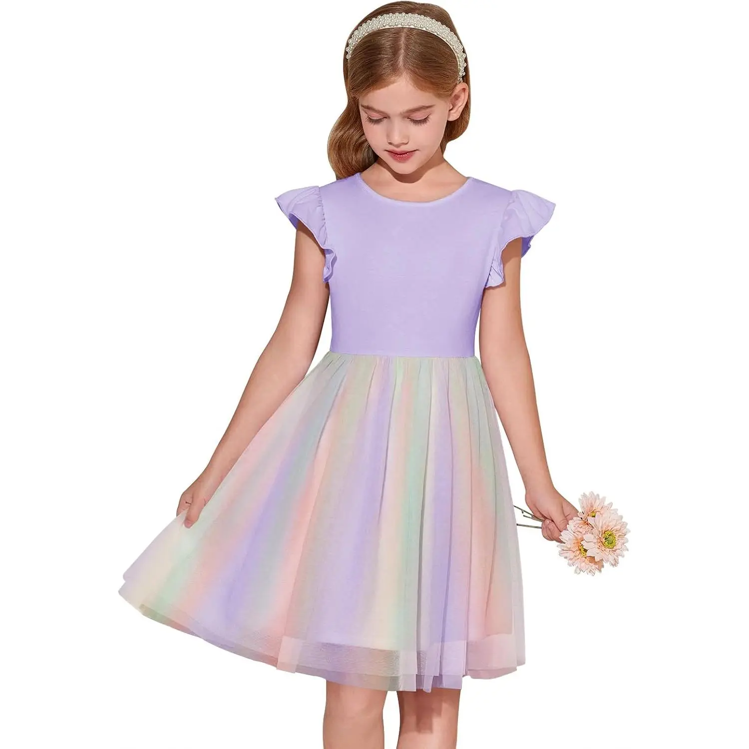 Haloumoning Girls' Ruffle Short-Sleeve Fluffy Tulle Tutu Dress, Summer Party Dresses for Kids 5-14Y, Floral Print Dress, Above Knee