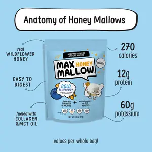 MAX HONEY MALLOW Bold Blueberry Mini Honey Marshmallows 3 Pack - Soft Fluffy Naturally Sweetened with Real Wildflower Honey Protein-Powered Snack