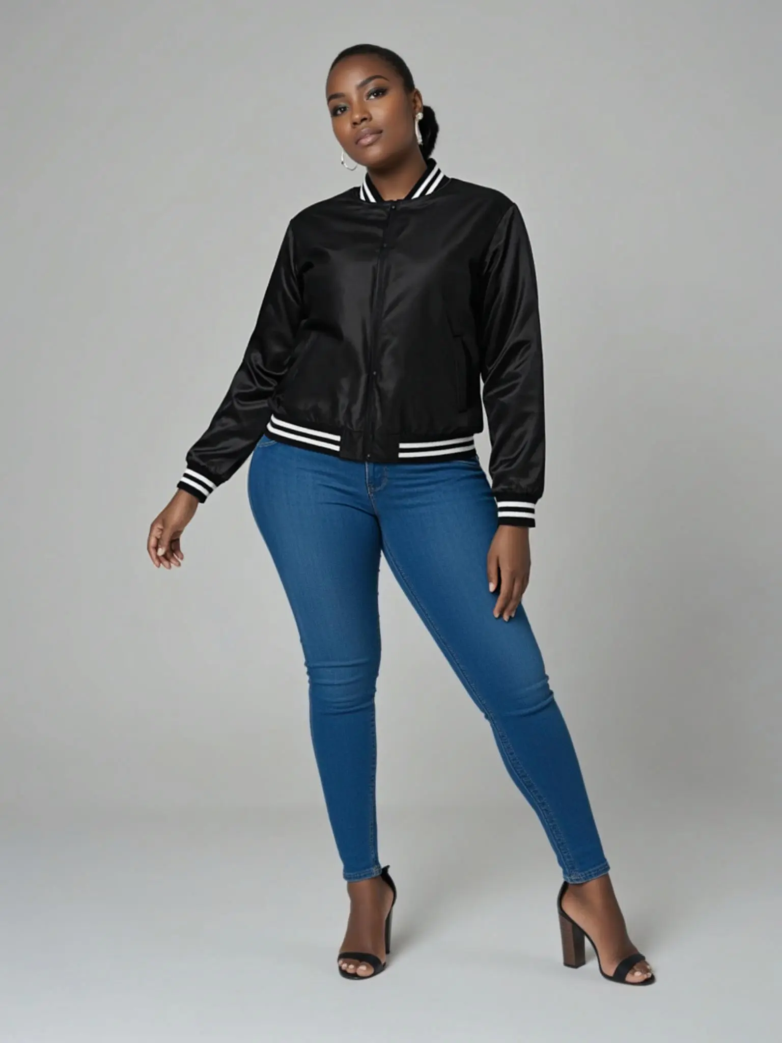 Women's Original Brand New Polyester Satin Varsity Jacket - All Black, Striped, Fitted Long Sleeve, Medium Length, Casual Sports Style, Varsity Look Top