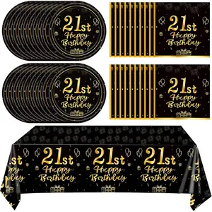 21st Birthday Party Decorations for Men Women, Black Gold 21st Birthday Disposable Tableware Kit includes 20 Plates, 20 Napkins and 1 Tablecloth for 21 Years Old Party