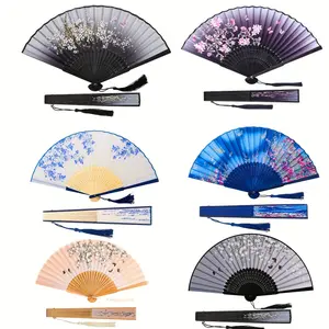 6PCS Folding Hand Fans for Women - Portable Folding Fan - Chinese Japanese Vintage Bamboo Silk Fans - for Hot Flash, EDM, Music Festival, Party, Dance, Performance, Decoration, Gift