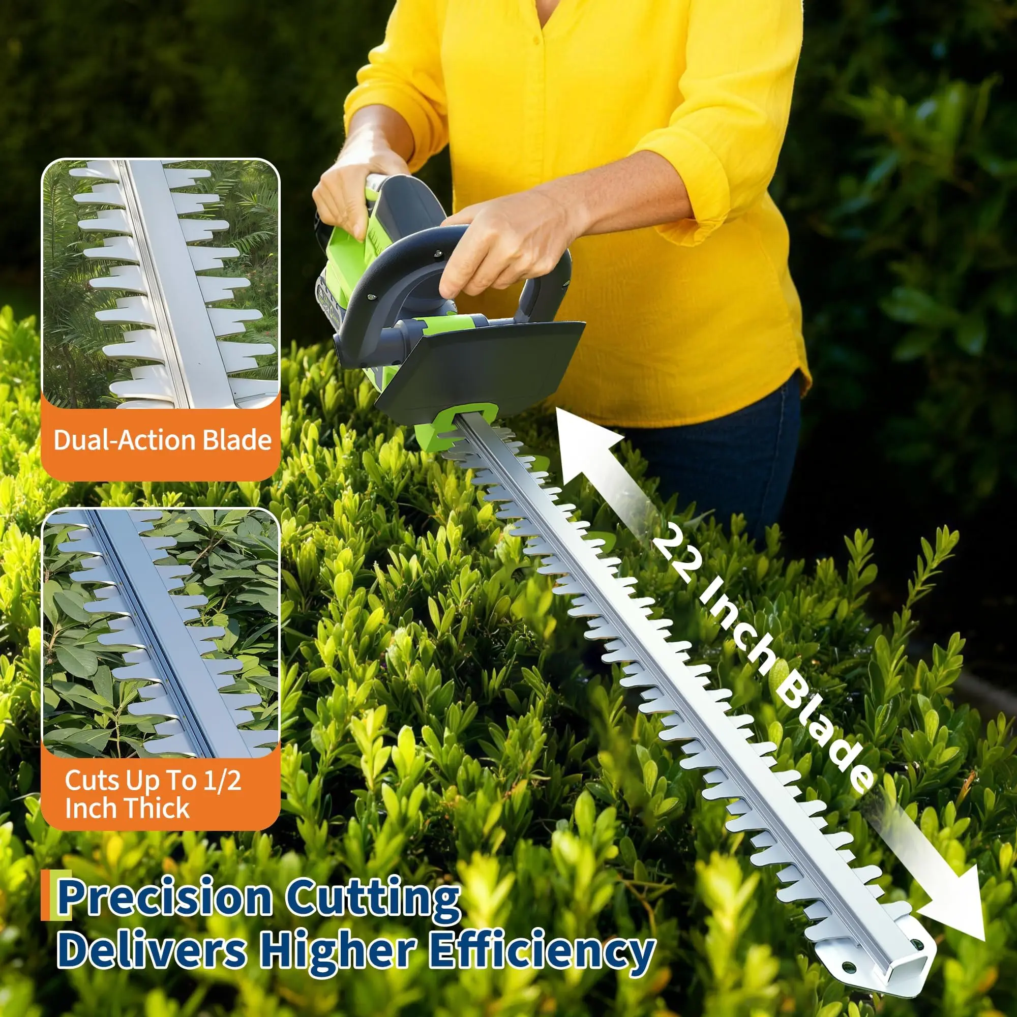 Wireless Electric Hedge Trimmer for Garden & Lawn, Long Blade, Dual Batteries, Lightweight & Compact Design, 22 In, Lithium-Ion