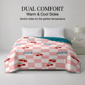 1pc Cherry Checkerboard Reversible Quilt, 2-in-1 Dual Comfort Cool & Warm Sides Blanket, Lightweight Quilted Air Conditioner Comforter, All-Season Bed Cover for Home