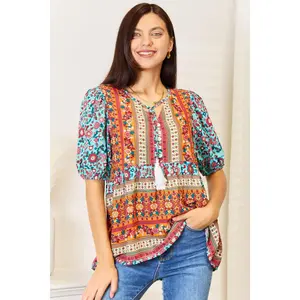 Double Take Bohemian Tassel Tie Puff Sleeve Babydoll Blouse