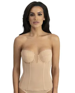 Dominique Vivienne V-Wire Longline Strapless Bra #8990 - Deep Plunge Bridal Corset Top, Detachable Garters - Full Support, Low Back, Memory Foam Cups - Mocha