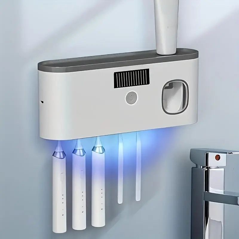 1pc Smart Wall-Mounted Toothbrush Organizer with Automatic Toothpaste Dispenser, 5-Slot Durable Plastic Dispenser Toothbrush Holder, USB Rechargeable Lithium Battery, Modern Bathroom Organization Supply, Dispenser Toothbrush Holders, Wall-Mounted Toothbru
