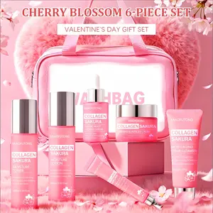 Collagen Sakura Nourishing 6-Piece Skincare Set - Cleanser/Toner/Moist Lotion/Serum/Firming Eye Cream/Face Cream, w/ Exquisite Pouch, Hydration & Skin Stabilization for Fall/Winter, Valentine's Day Limited Gift