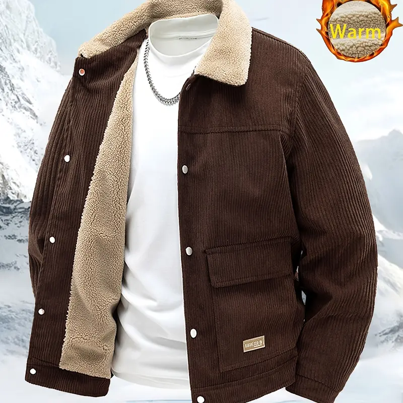 Men’s Plain Long Sleeve Corduroy Jackets - Turn-Down Collar, Fleece Lined, Buttons Closure, Polyester Blend, Warm Cold-Resistant Mens Clothing Outerwear for Casual Work & Going Out (Autumn/Winter Clothes Products)