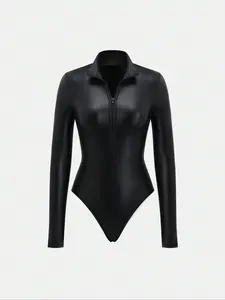 Fashion New Half-Zip Long Sleeve Jumpsuit, Warm Inner Wear Home Casual Comfortable Leather Jacket Bodysuit