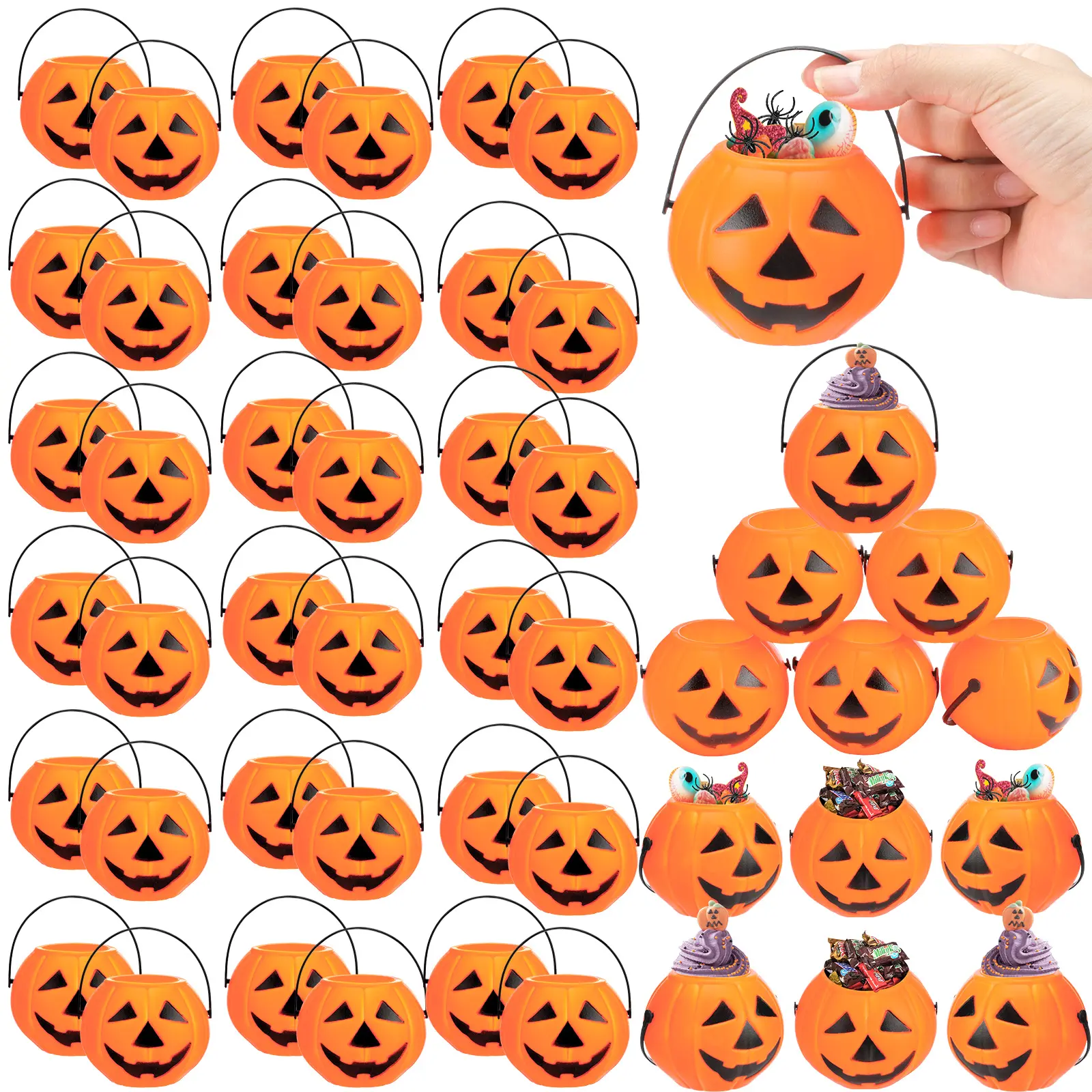 50Pcs Plastic Pumpkin Buckets Mini Pumpkin Buckets Halloween Goodie Bags Plastic Candy Gift Bags Plastic Pumpkin Decor Pumpkin Candy Bags Trick or Treat Buckets for Teacher Students Office Employee,Halloween Party Favor Decoration