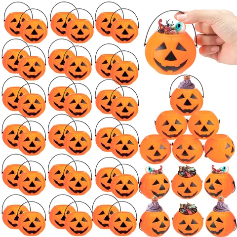 50Pcs Mini Pumpkin Buckets Plastic Pumpkin Buckets Small Pumpkin Buckets Halloween Goodie Bags Candy Gift Bags Pumpkin Candy Bags Trick or Treat Buckets for Teacher Students Office Employee,Halloween Party Favor Decoration