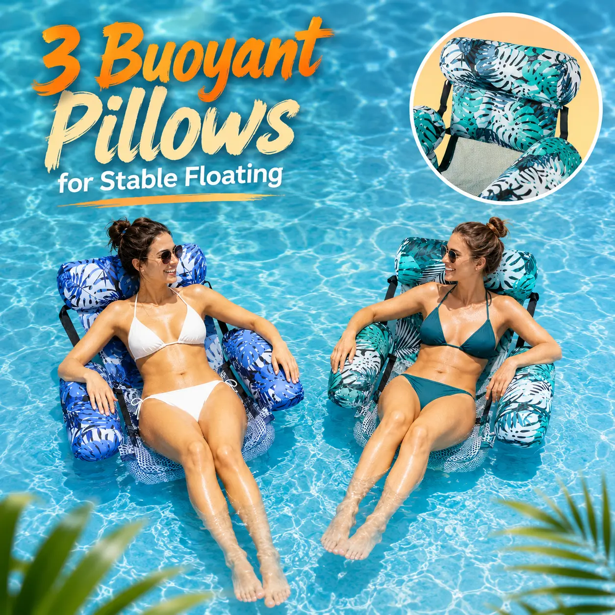 2-pack adult inflatable pool floating chair, leaf print water hammock recliner with head pillow, armrests, and mesh seat; foldable pool float chair suitable for pools, beaches, lakesides, and summer parties