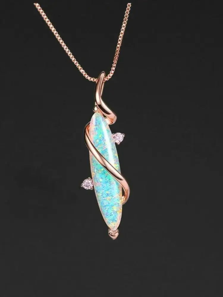 Blue Opal Oval Necklace,Gold Plated Crystal Fire Opal Gemstone Dainty Necklace
