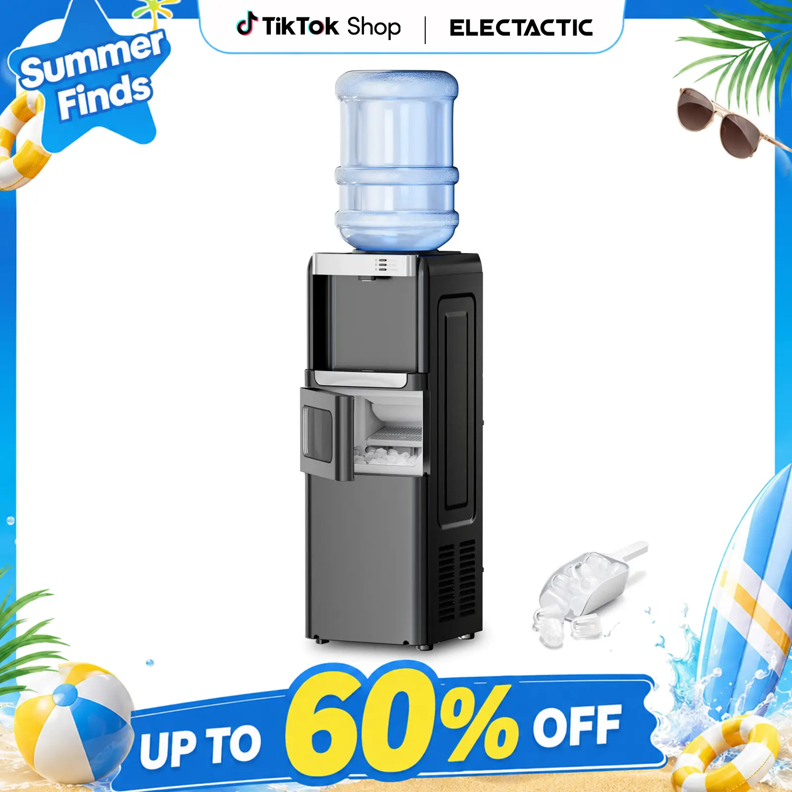 Electactic 3-in-1 Hot and Cold Water Cooler Dispenser with Built-in Ice Maker, for 3 to 5 Gallon Bottle Water Dispenser，with Child Safety LocK