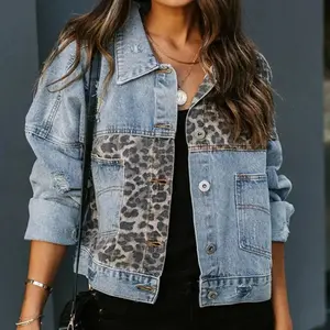 Leopard Stitching Denim Jacket for Women Jean Boyfriend Washed Distressed