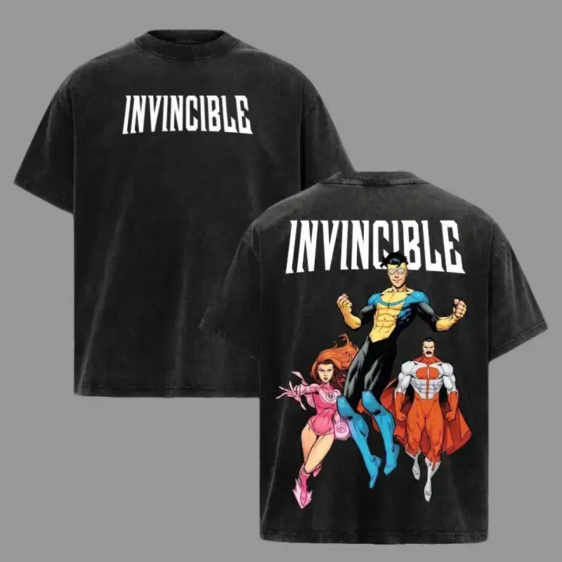Menswear Invincible Comic Superhero Team Graphic T-Shirt - Mark Grayson Atom Eve Omni-Man Print, Vintage Acid Washed Heavyweight Cotton, Oversized Y2K Streetwear, Retro Pop Culture Aesthetic, Unisex Casual Short-Sleeve Top, Trendy Gift for Comic Fans