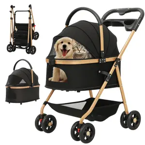 Pet Stroller with 4 Wheels, Foldable for Small/Medium Dogs Cats to 50 lbs, Removable Carrier, Storage Basket, Cup Holder, 3-in-1 Multifunctional Detachable